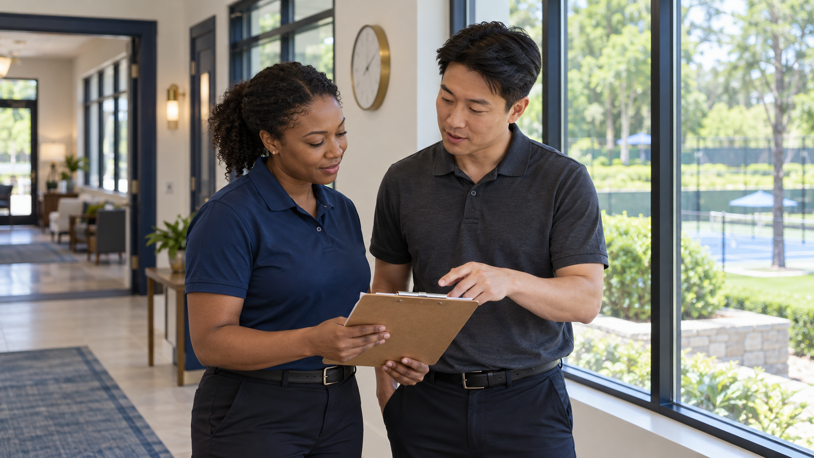 Two club staff members review a clipboard together during a shift handoff in a bright clubhouse corridor.