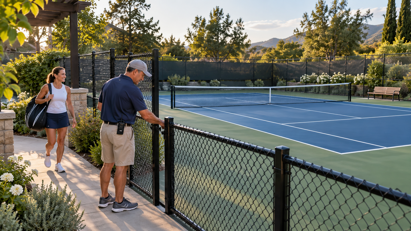 A facility coordinator checks a court gate as a member approaches carrying a racket bag.
