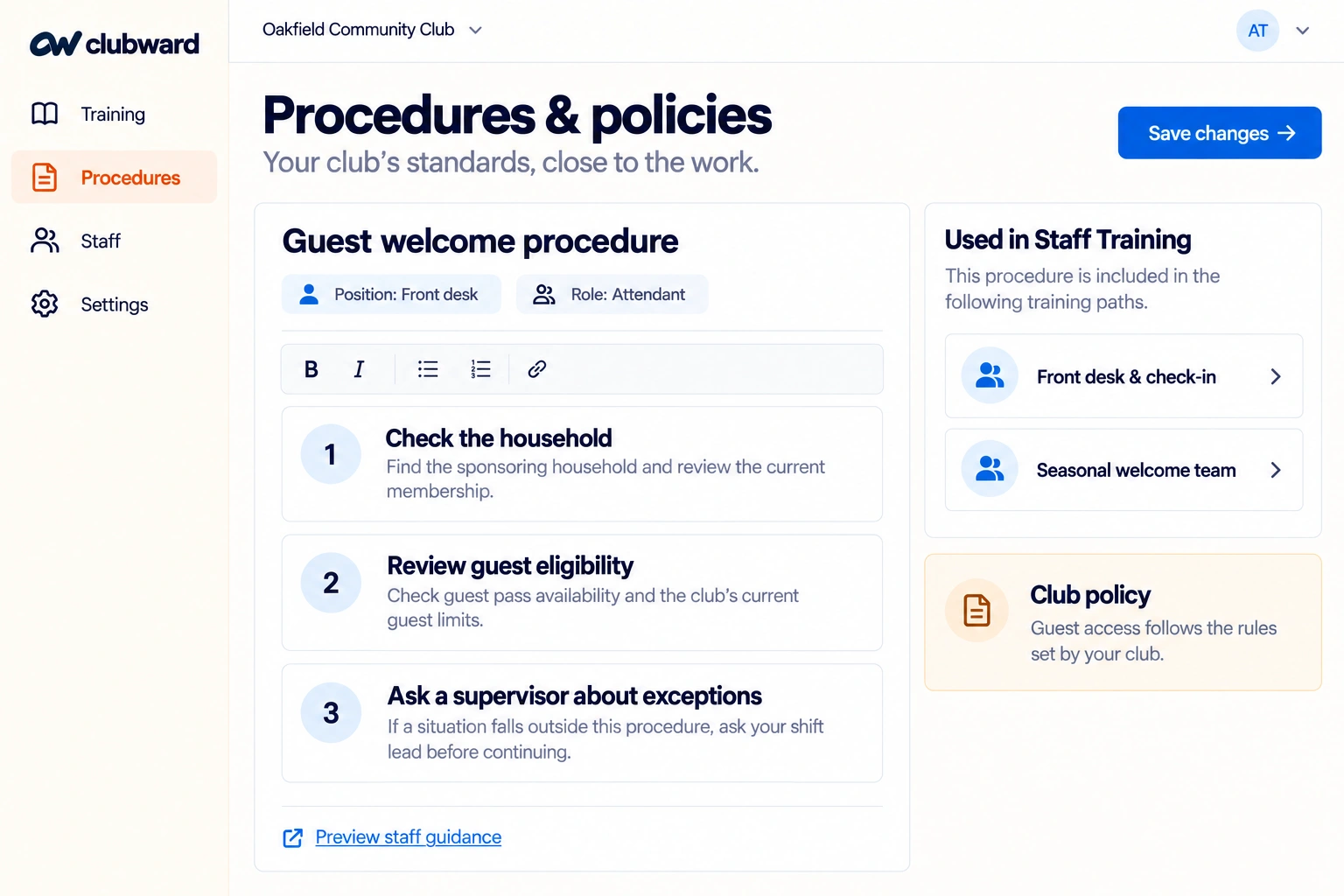 Clubward Procedures and Policies mockup showing a guest welcome procedure linked to front desk and seasonal team training.