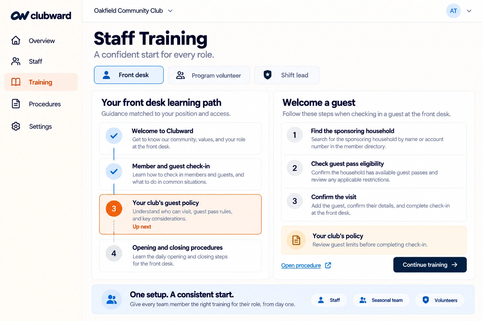 Clubward Staff Training mockup showing a front desk learning path beside guest check-in guidance.