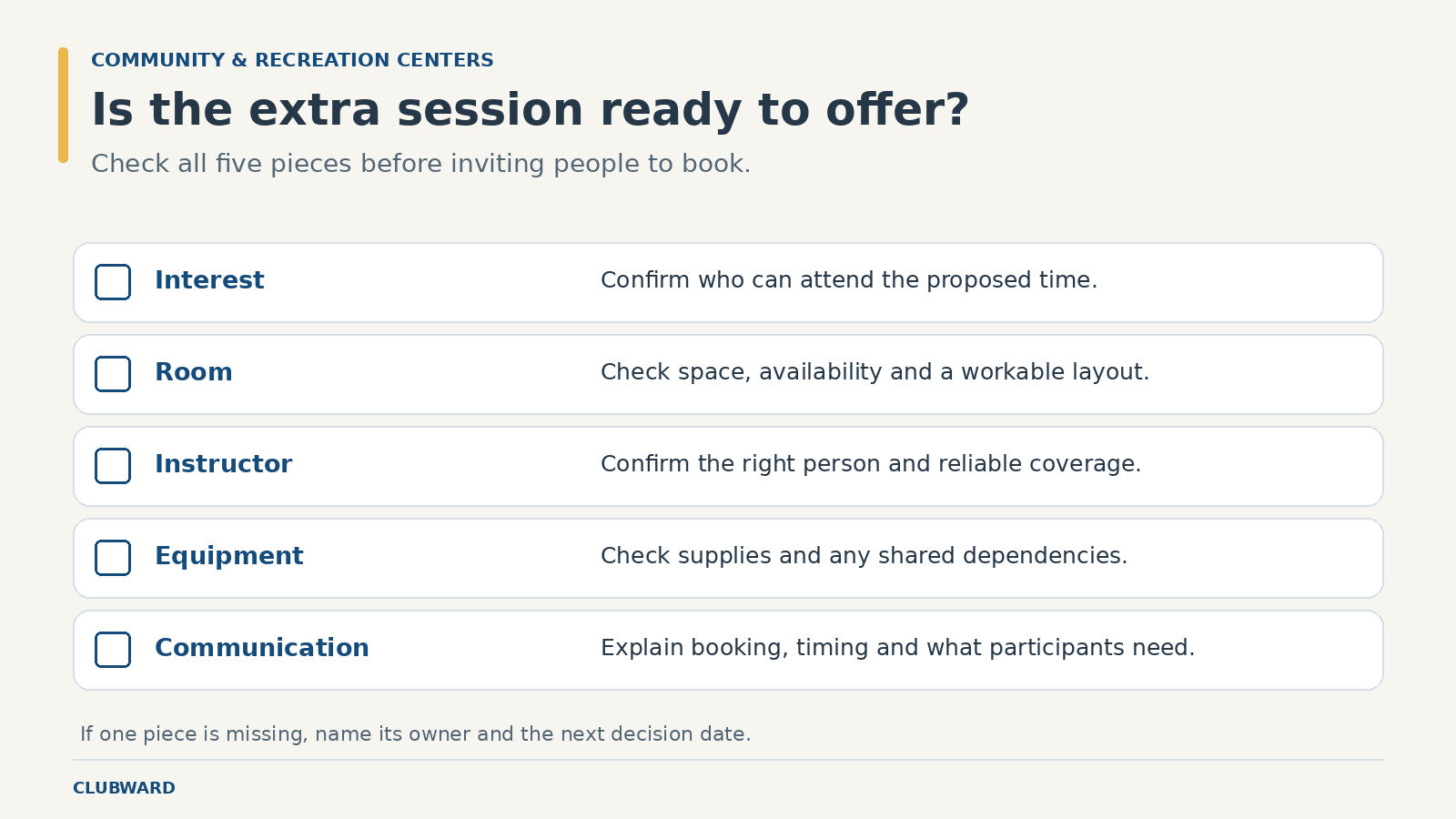 Five readiness checkpoints for an additional class: confirmed interest, room, instructor, equipment and participant communication.