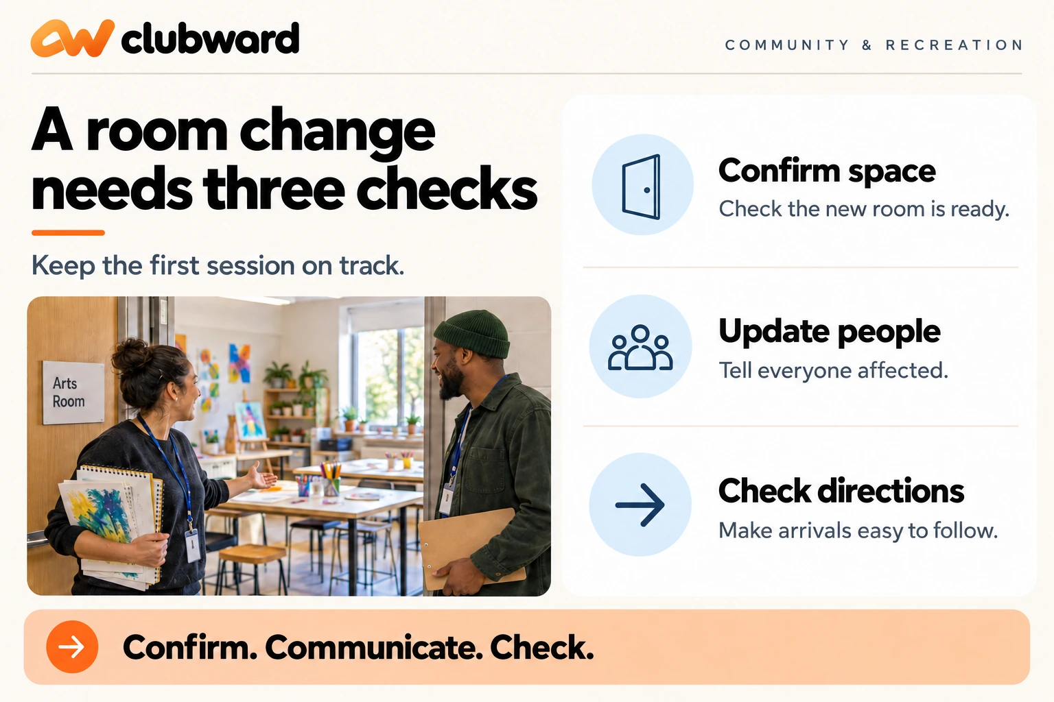 After a room change, confirm the space, update everyone affected, and check arrival directions.
