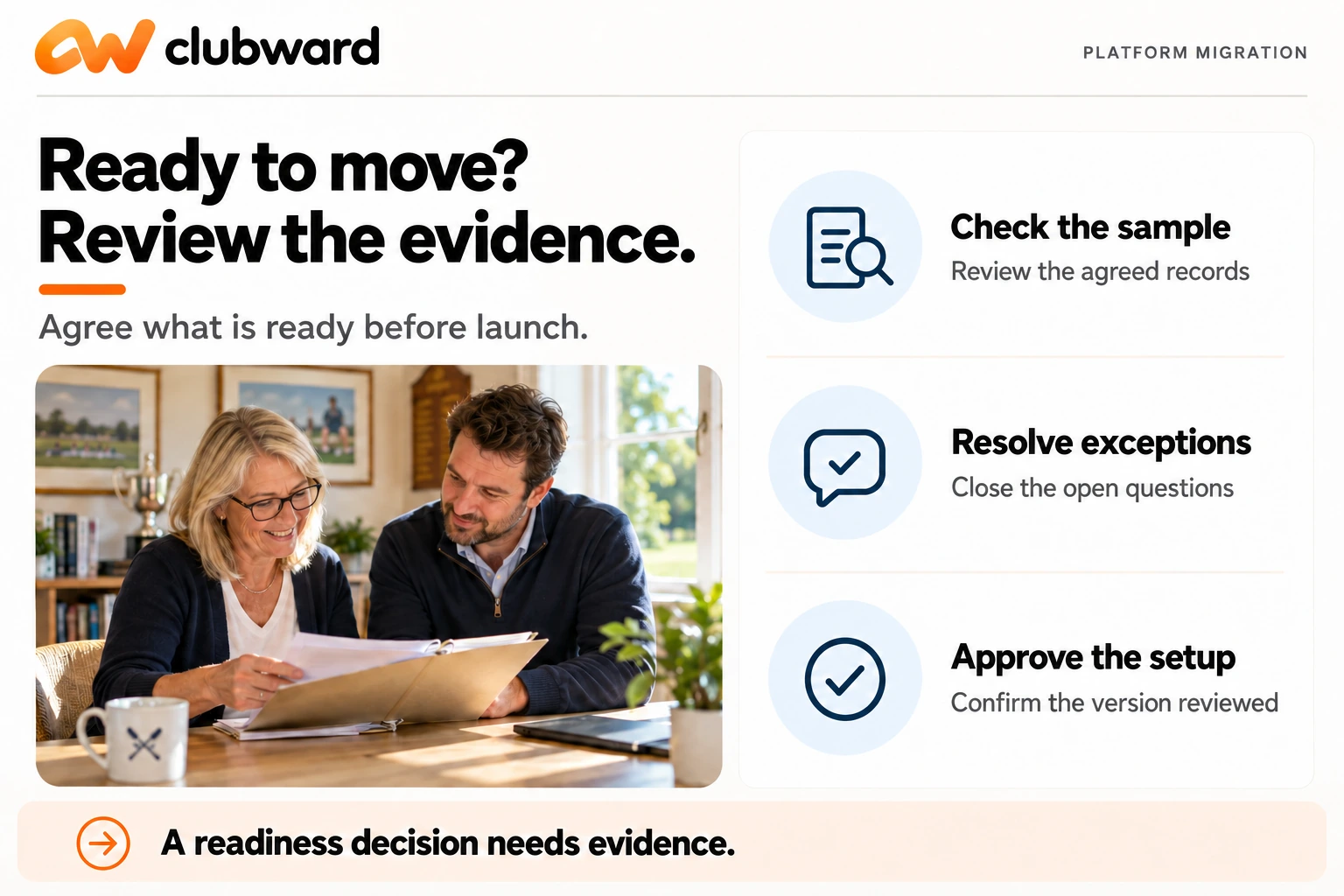 Club colleagues review a folder beside three readiness steps: check the sample, resolve exceptions, and approve the setup.