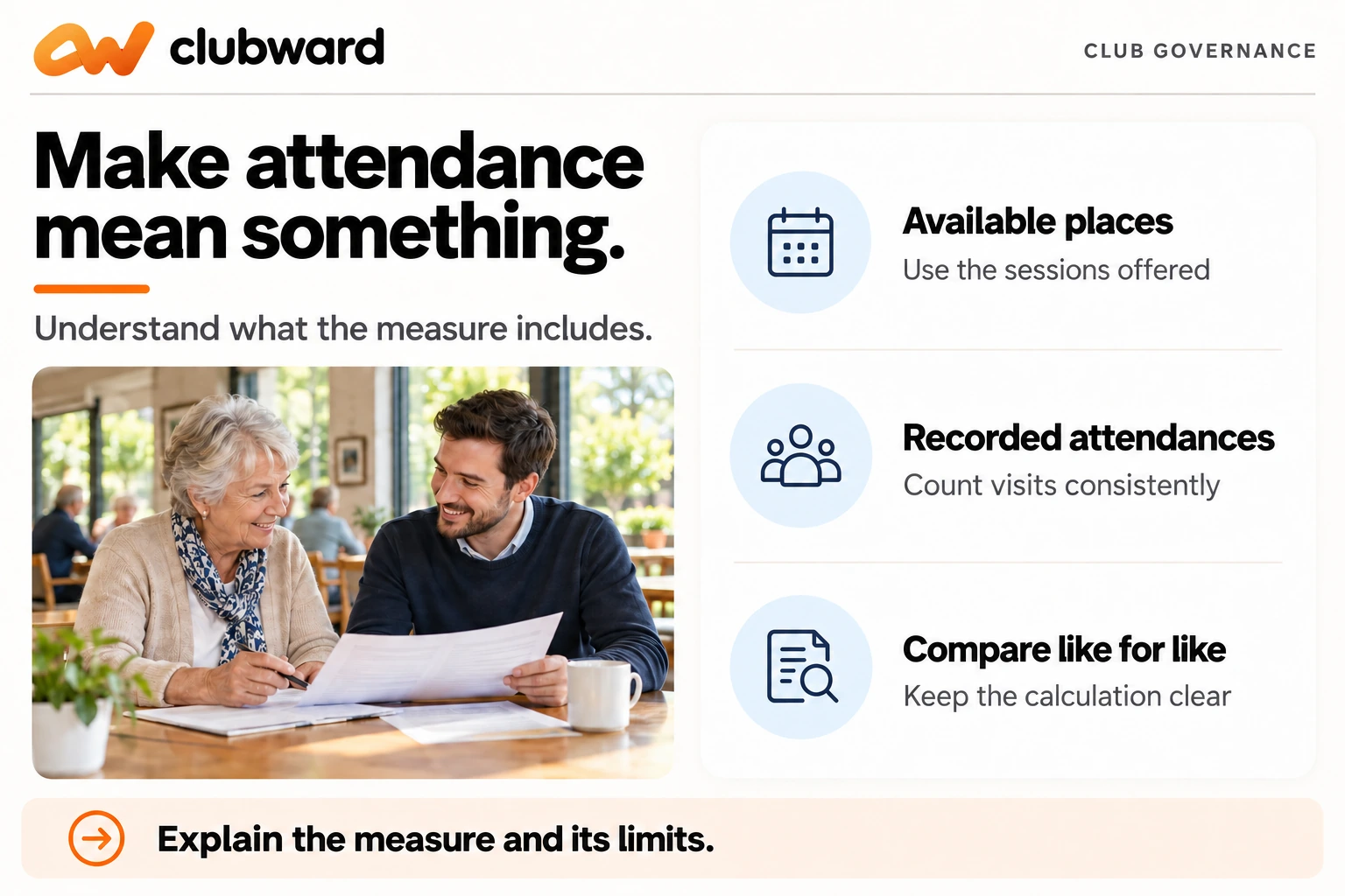 Two board members review a report beside reminders to identify available places, record attendances consistently, and compare like for like. The caption contains the worked attendance calculation.
