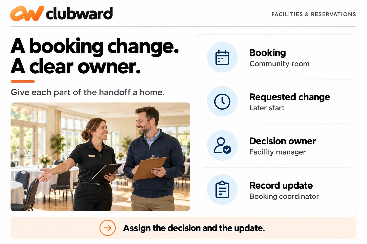 Two club staff check a community room beside a reservation handoff: a later start is requested, the facility manager owns the decision, and the booking coordinator updates the record.