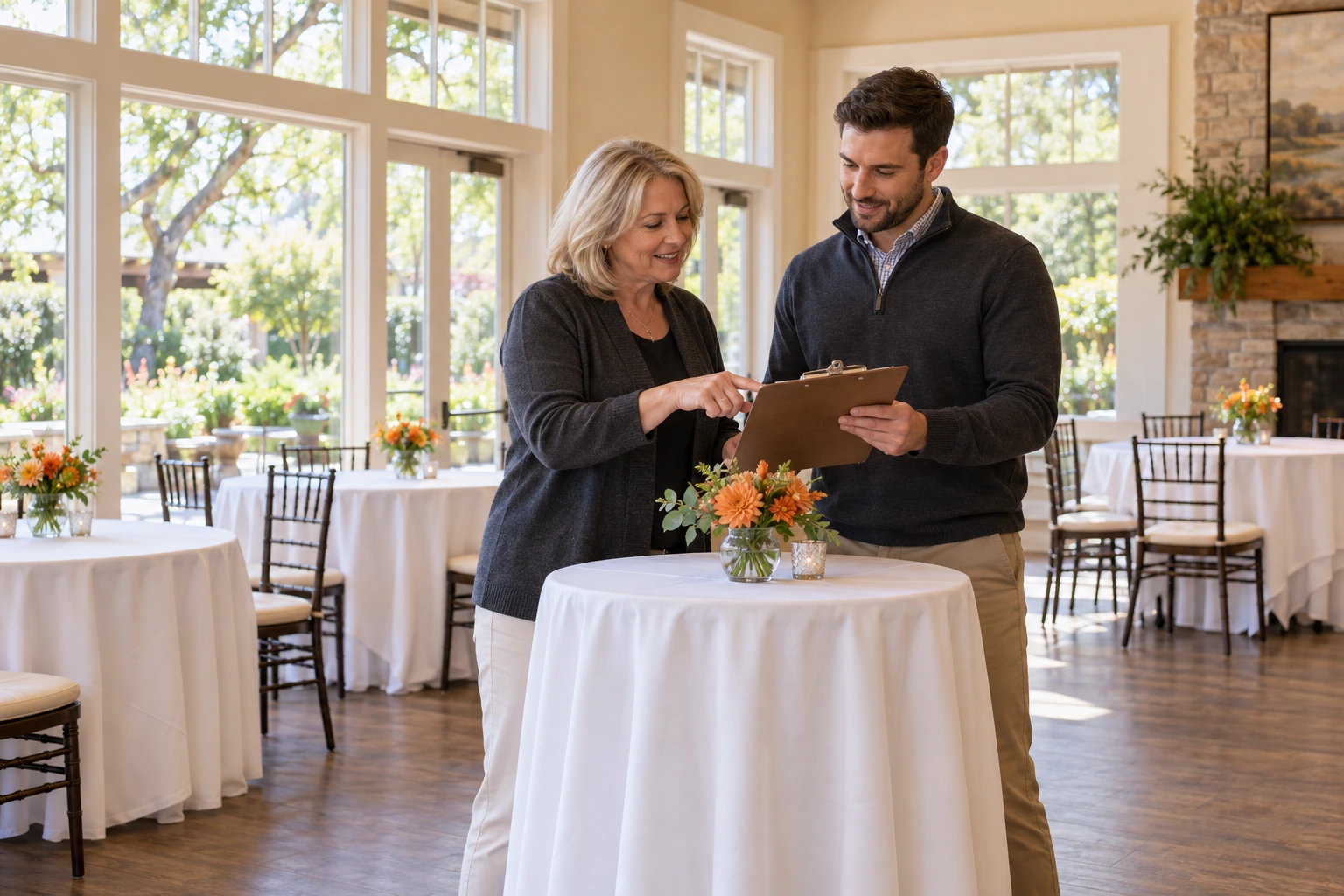 Two association volunteers review a clipboard beside an event setup table in a sunlit clubhouse.