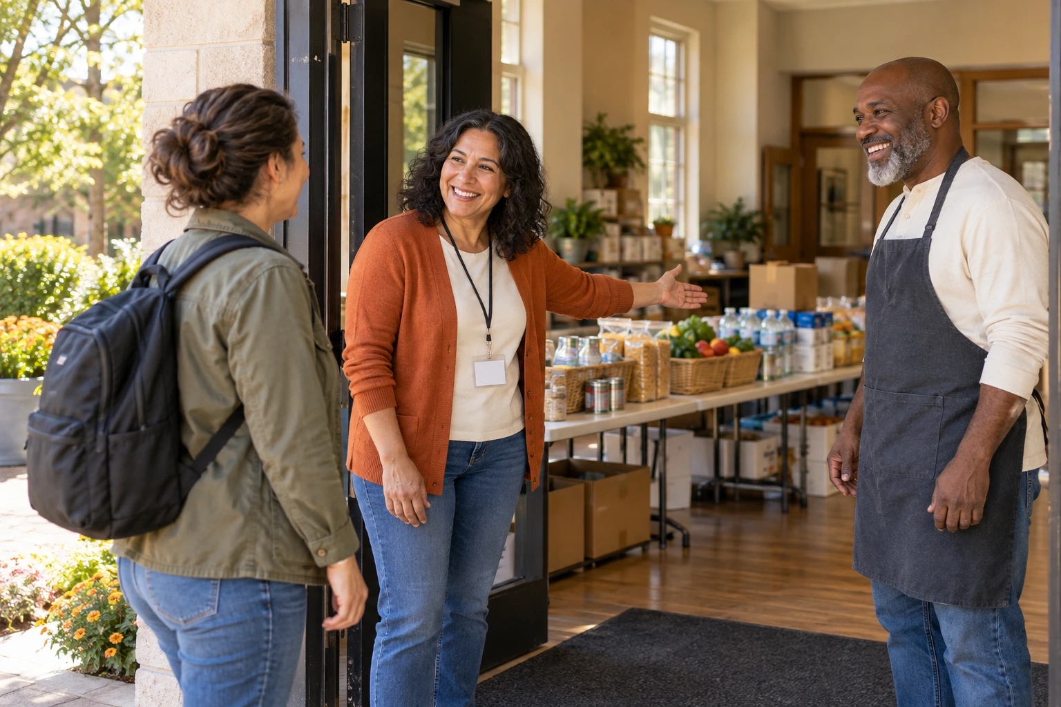 Community pantry coordinators welcome a volunteer at the hall entrance.