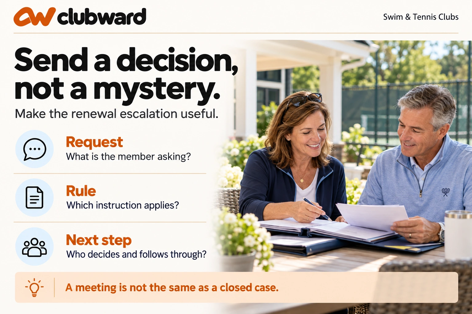 A renewal decision brief connects the member request, applicable rule and next owner.