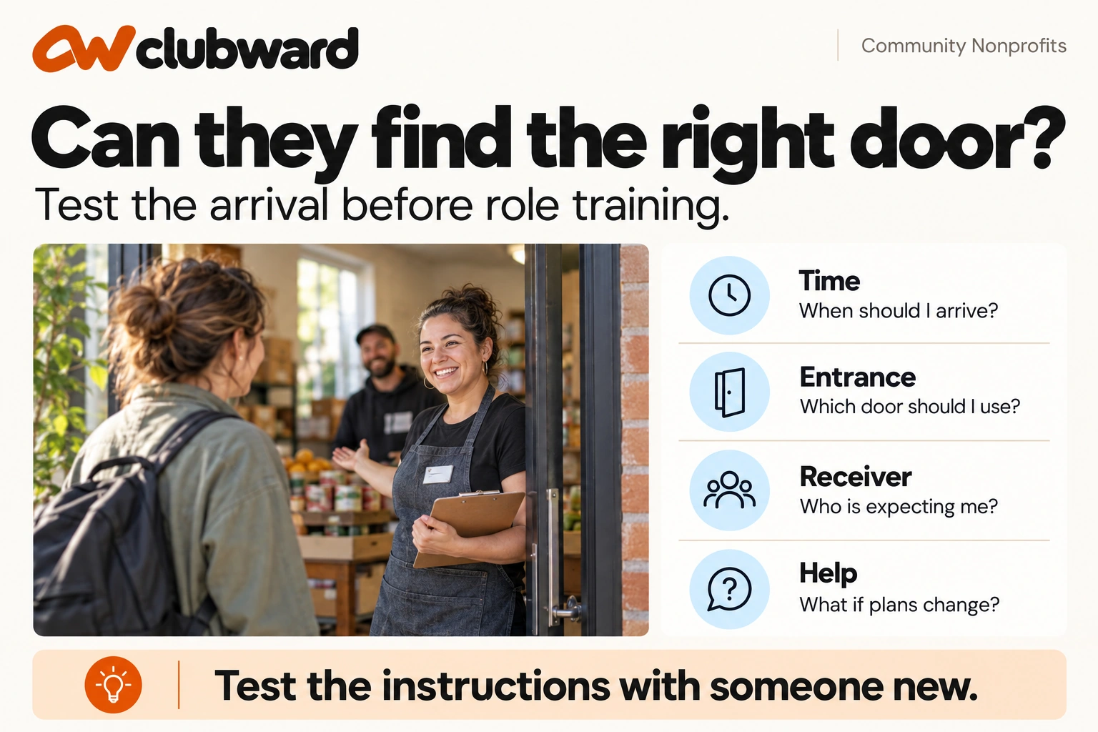 Volunteer arrival instructions connect reporting time, entrance, receiving person and help.