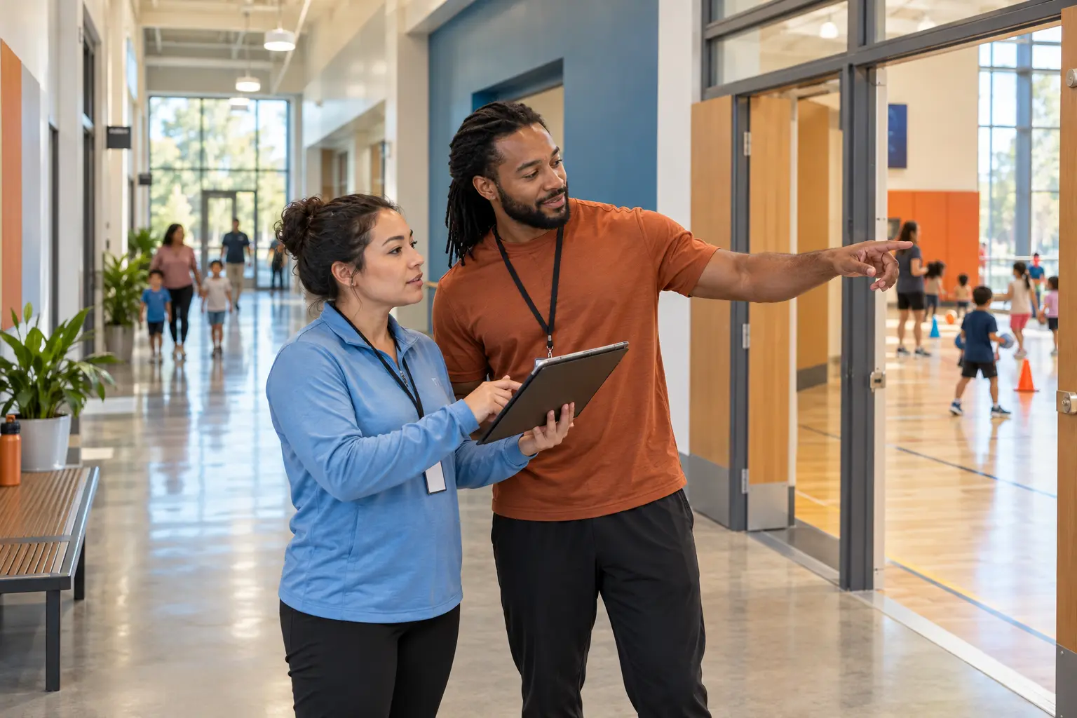 Recreation coordinator and instructor reviewing a program room change