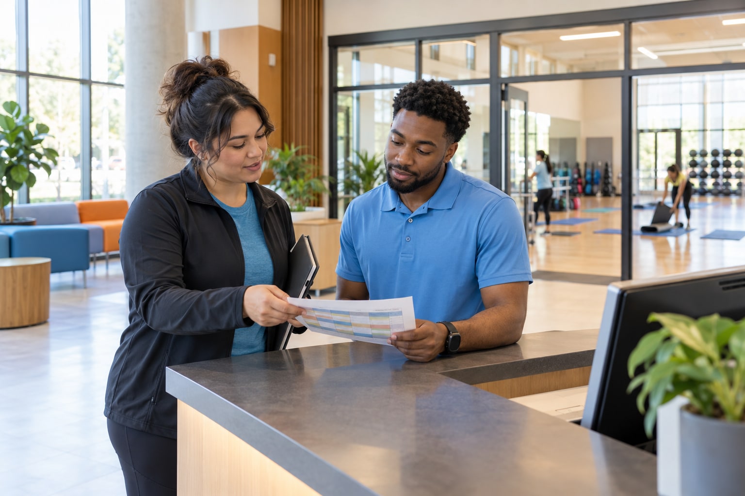 Recreation center coordinator and front-desk teammate review an instructor absence plan