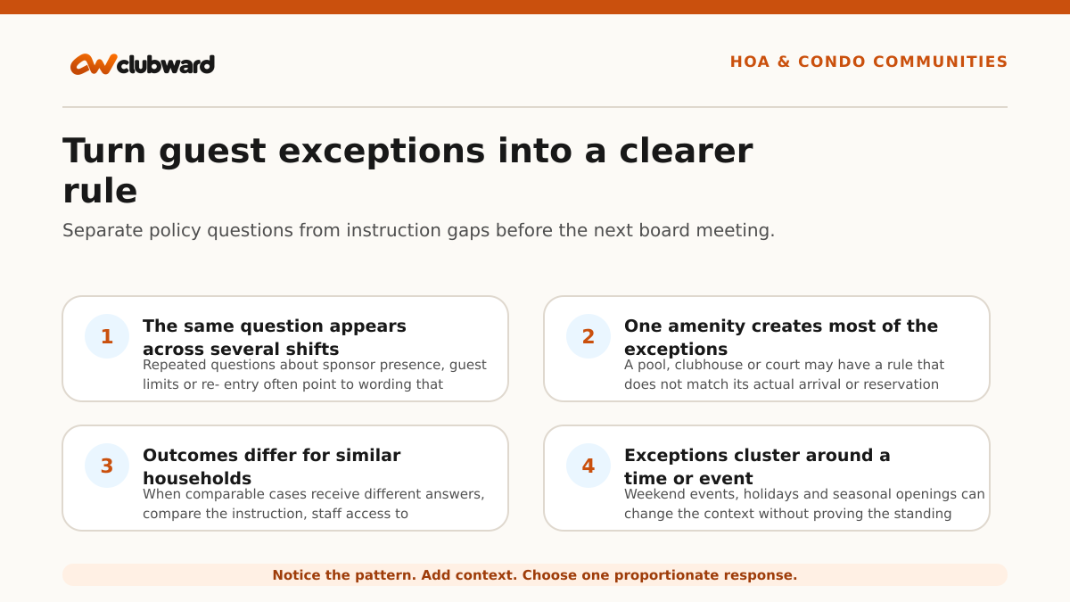 Turn guest exceptions into a clearer rule with three steps: Group the signal, Check the rule, Choose one change