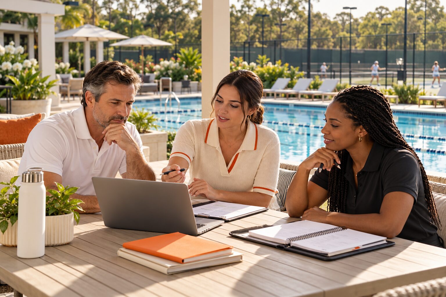 Swim and tennis club leaders reviewing a member workflow