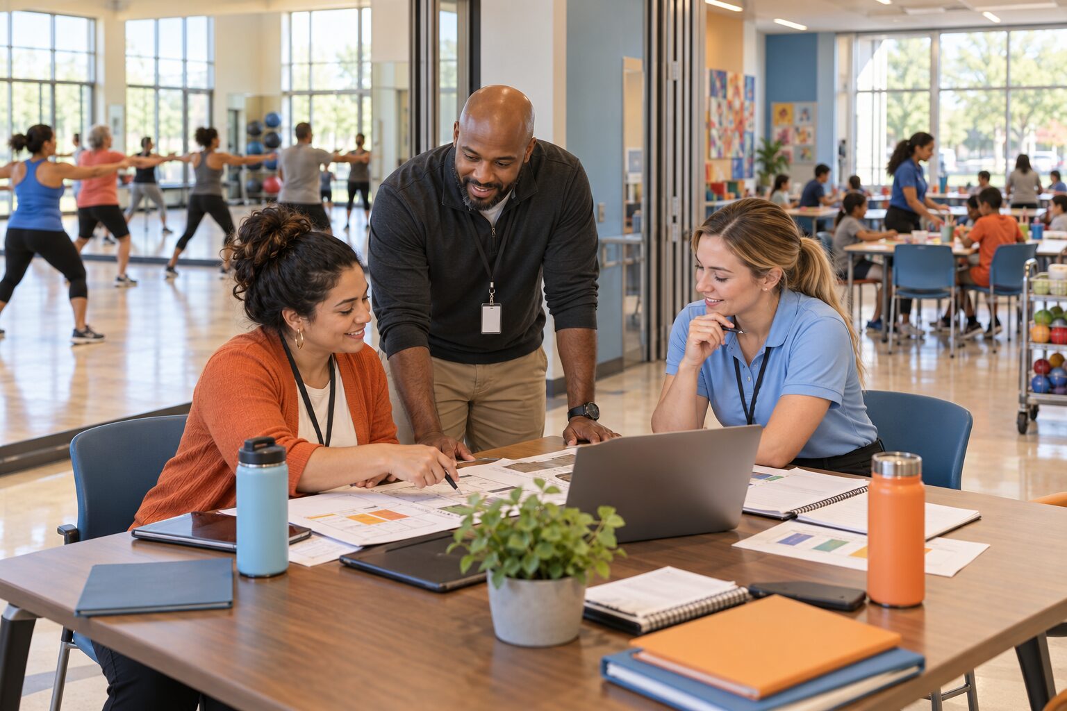 Recreation center leaders evaluating connected program operations