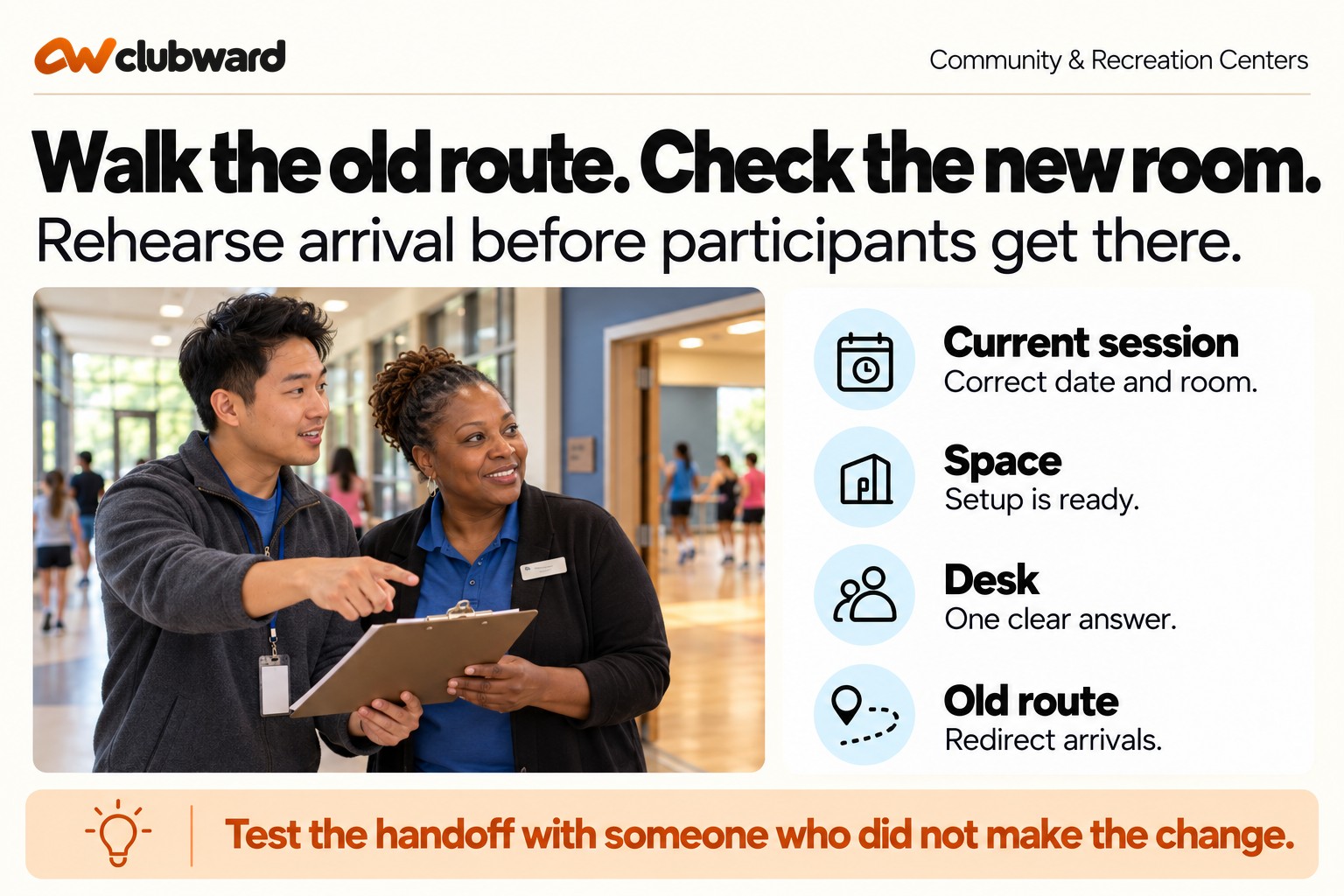 Schedule, space, staff, and arrival checks before a recreation program begins