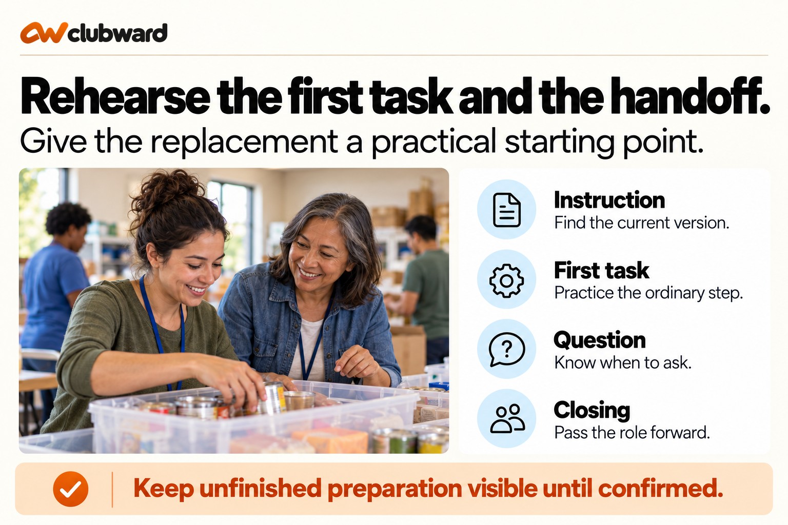 Rehearse the first task and the handoff.