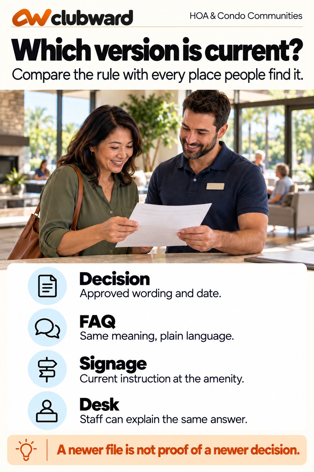 Current-version checks for the decision, FAQ, signage, and desk instructions