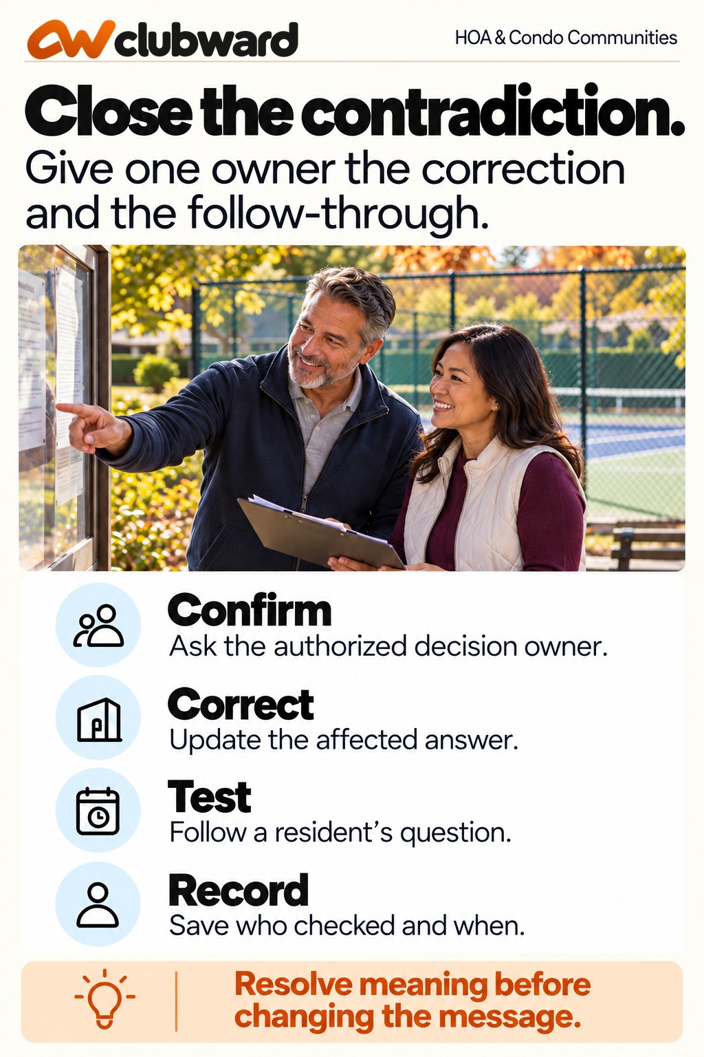 Confirm, correct, test, and record steps for resolving an amenity instruction contradiction