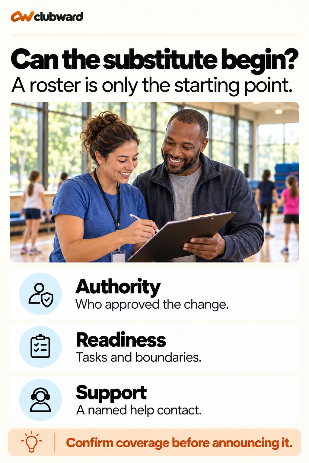 Can the substitute begin?: Authority, Who approved the change; Readiness, Tasks and boundaries; Support, A named help contact