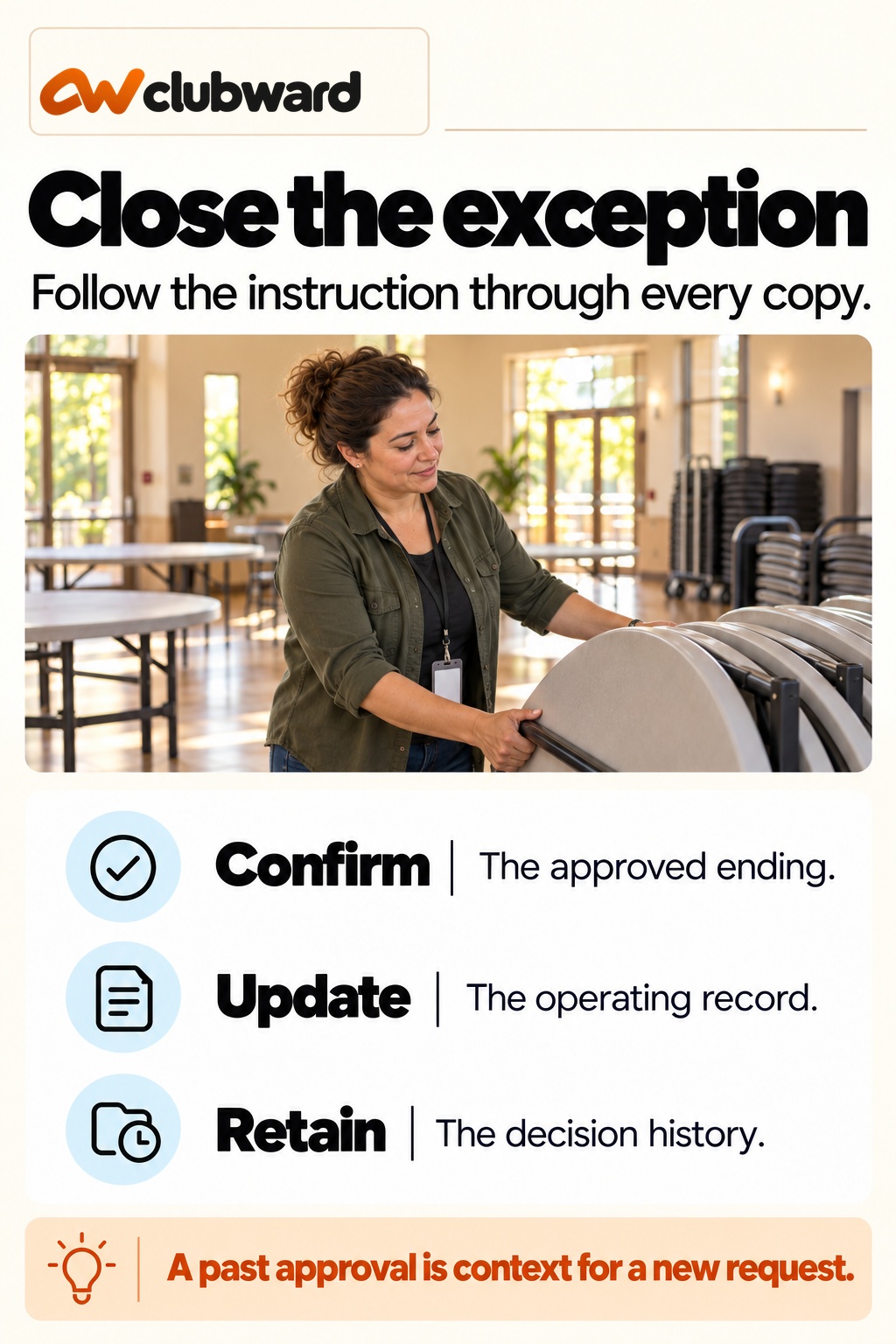 Close the exception; Follow the instruction through every copy.; Confirm: The approved ending; Update: The operating record; Retain: The decision history; A past approval is context for a new request.