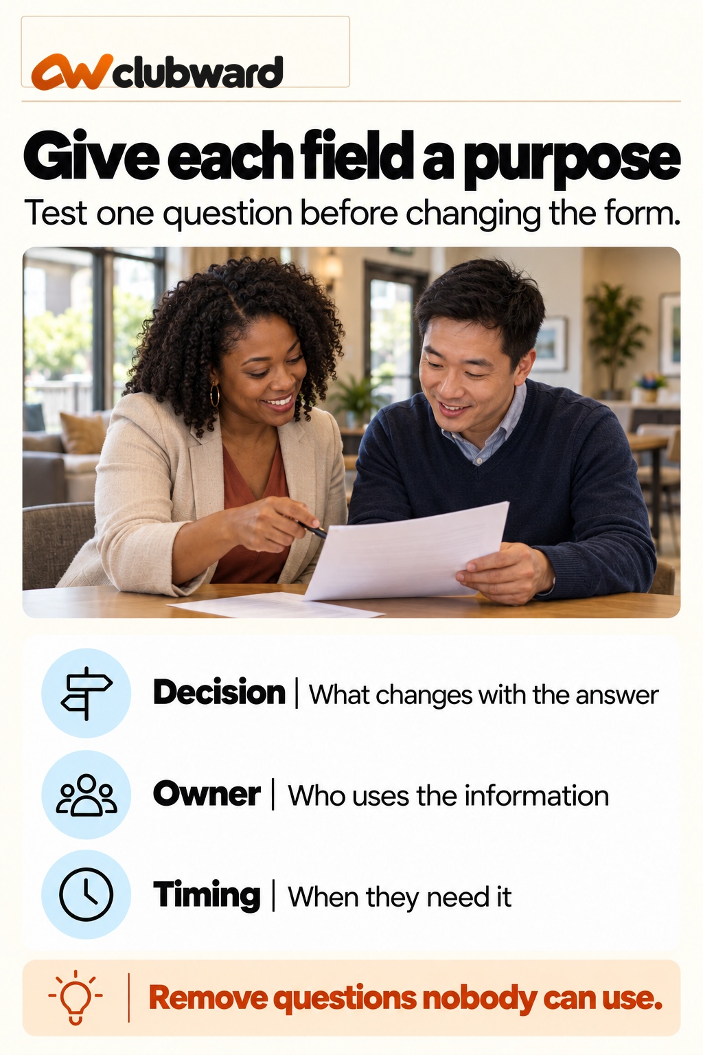 Give each field a purpose; Test one question before changing the form.; Decision: What changes with the answer; Owner: Who uses the information; Timing: When they need it; Remove questions nobody can use.