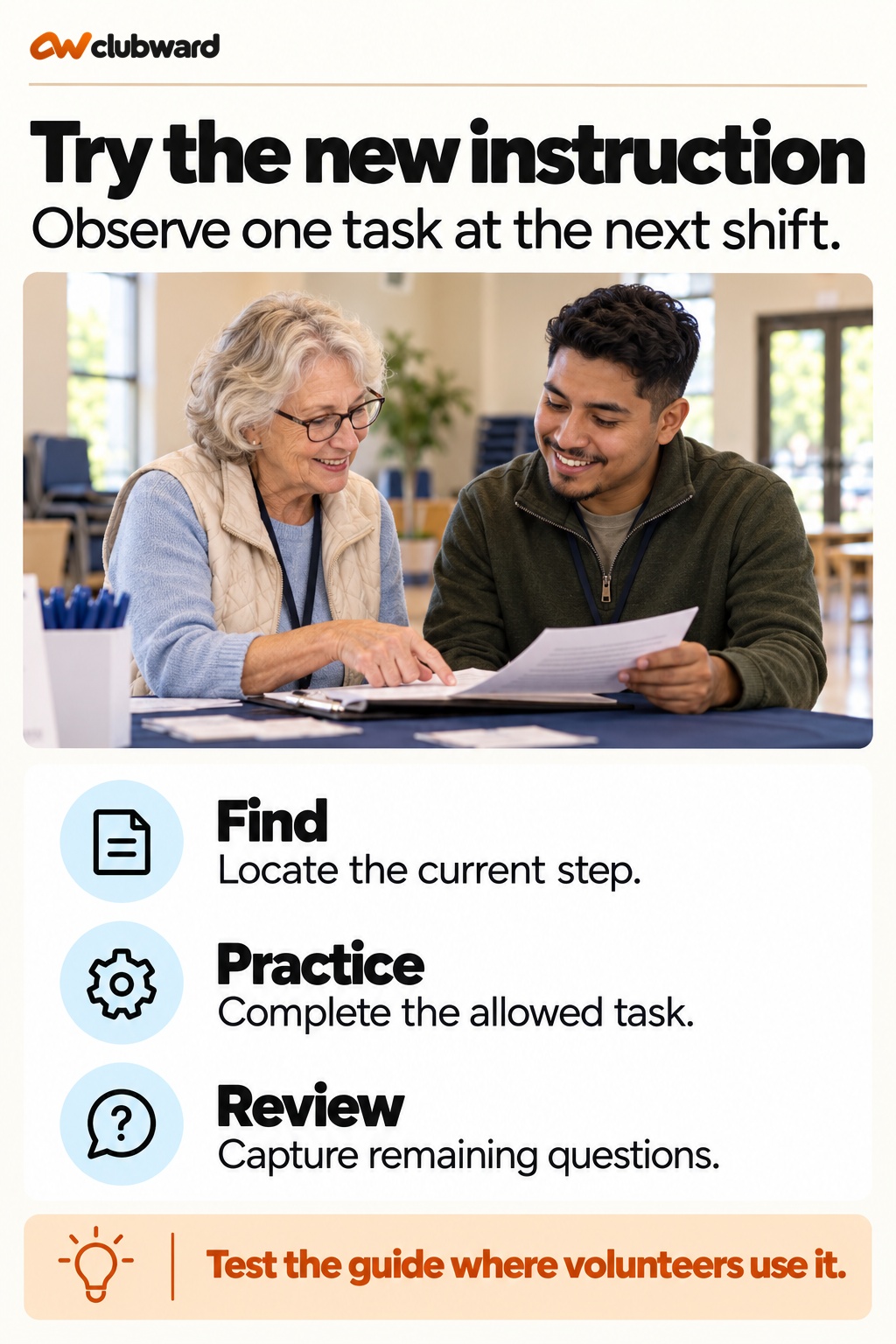 Try the new instruction. Find: Locate the current step; Practice: Complete the allowed task; Review: Capture remaining questions