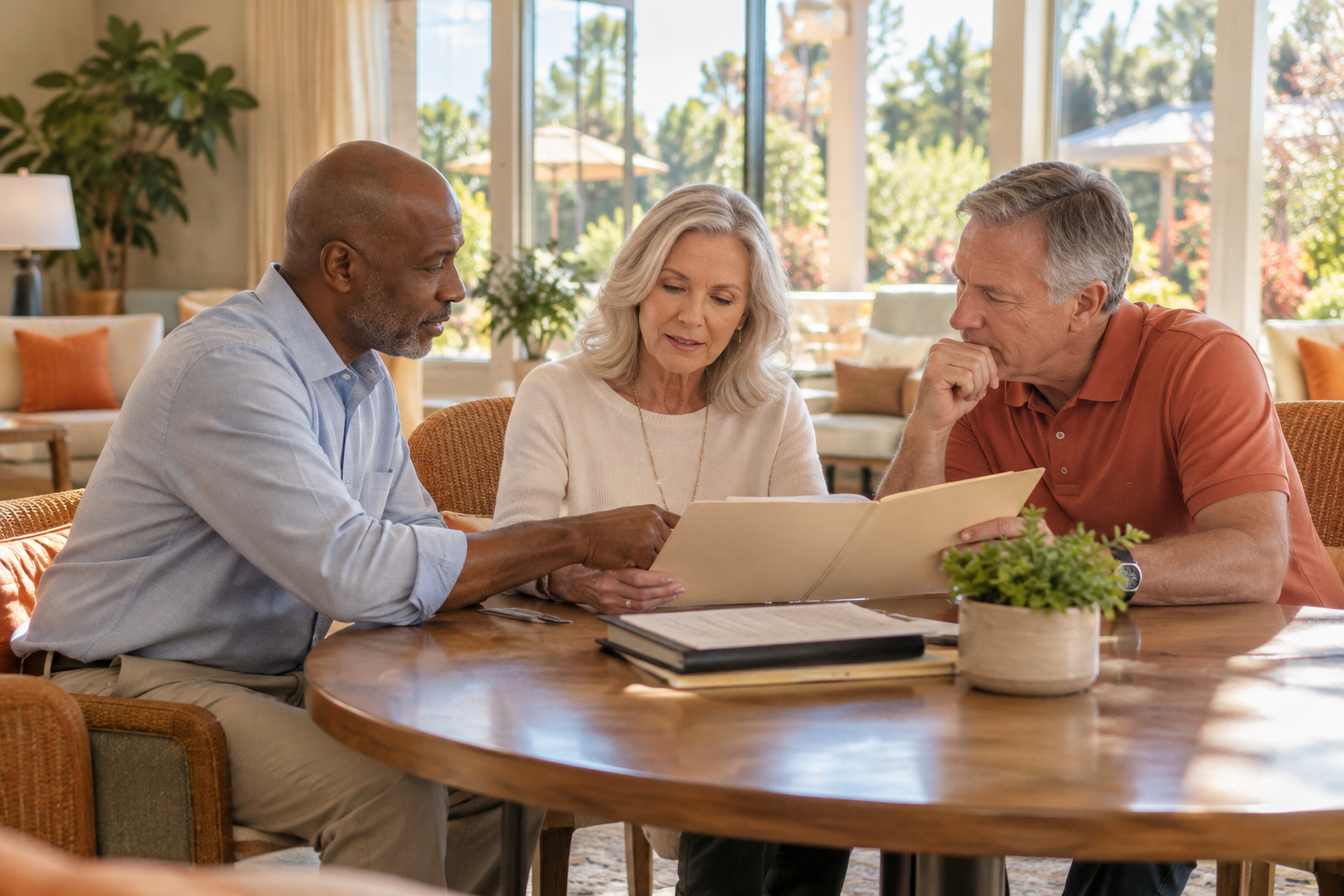Incoming association board volunteers discuss an amenity decision at a clubhouse table.