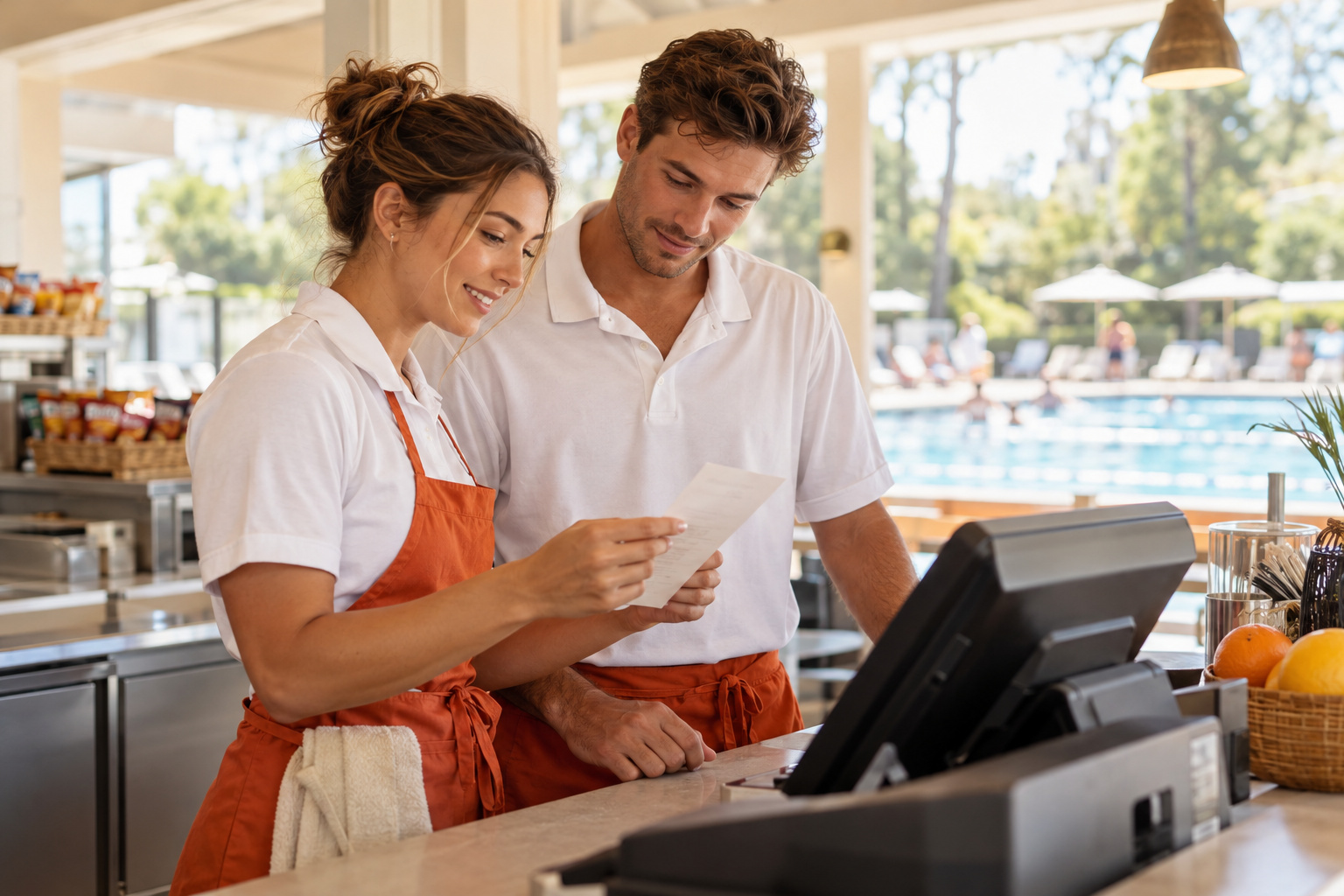 Swim and tennis club counter staff examine a receipt together beside the register.