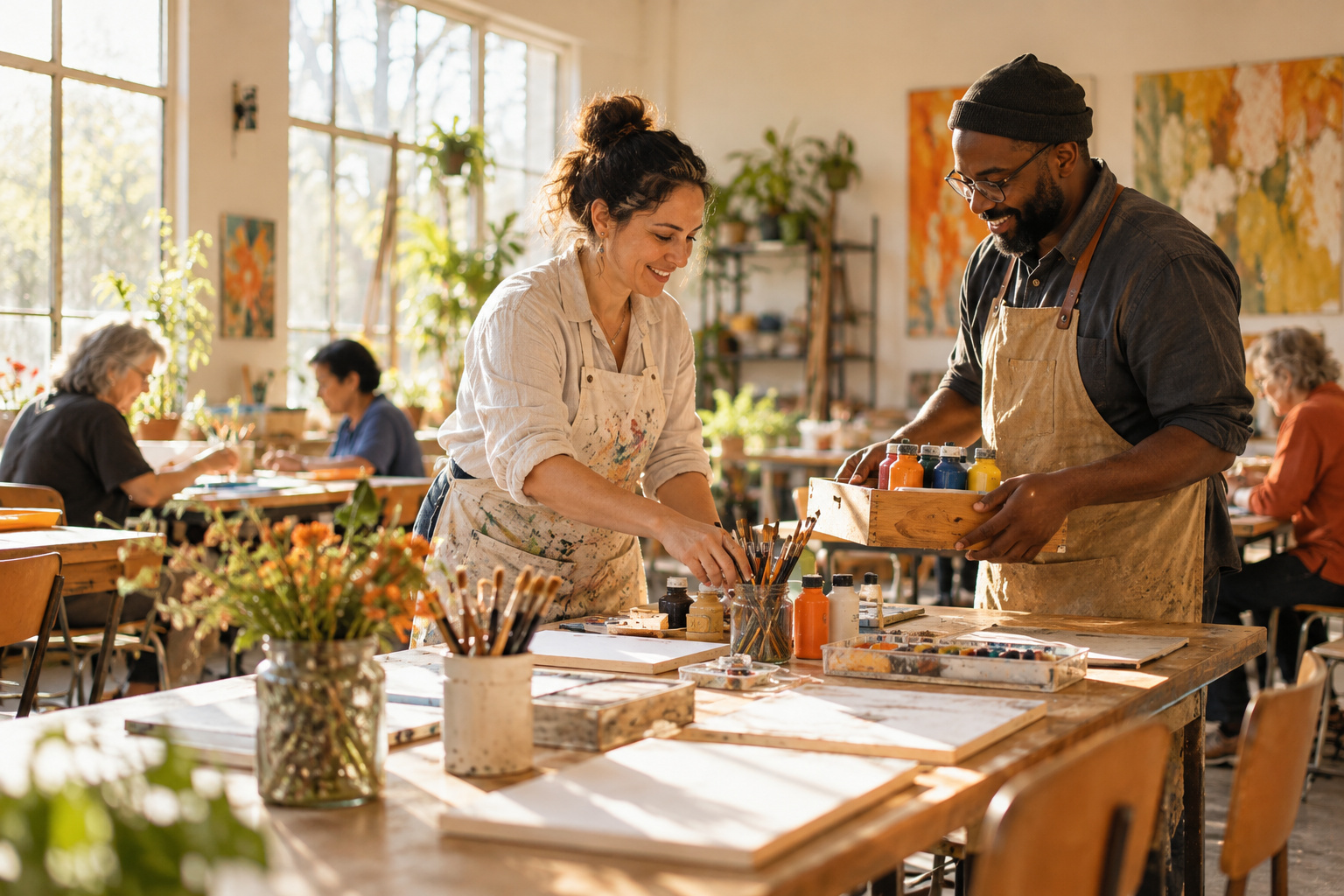 A substitute recreation instructor and coordinator arrange materials in an art studio.