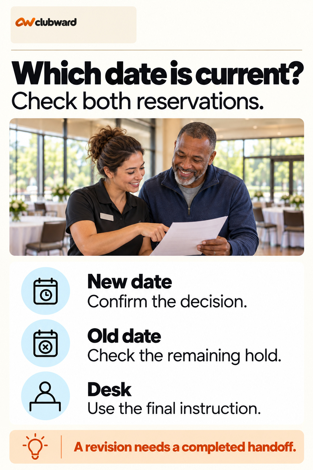 Revised reservation check covering the new date, old hold and final desk instruction.