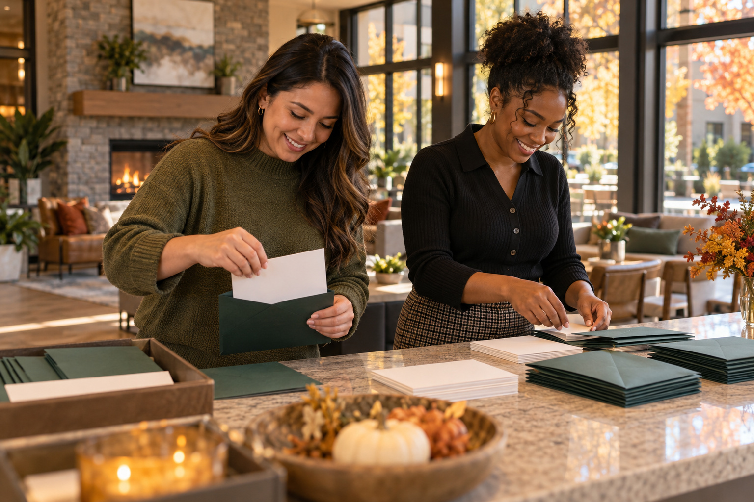Property managers prepare resident welcome materials at the amenity desk.