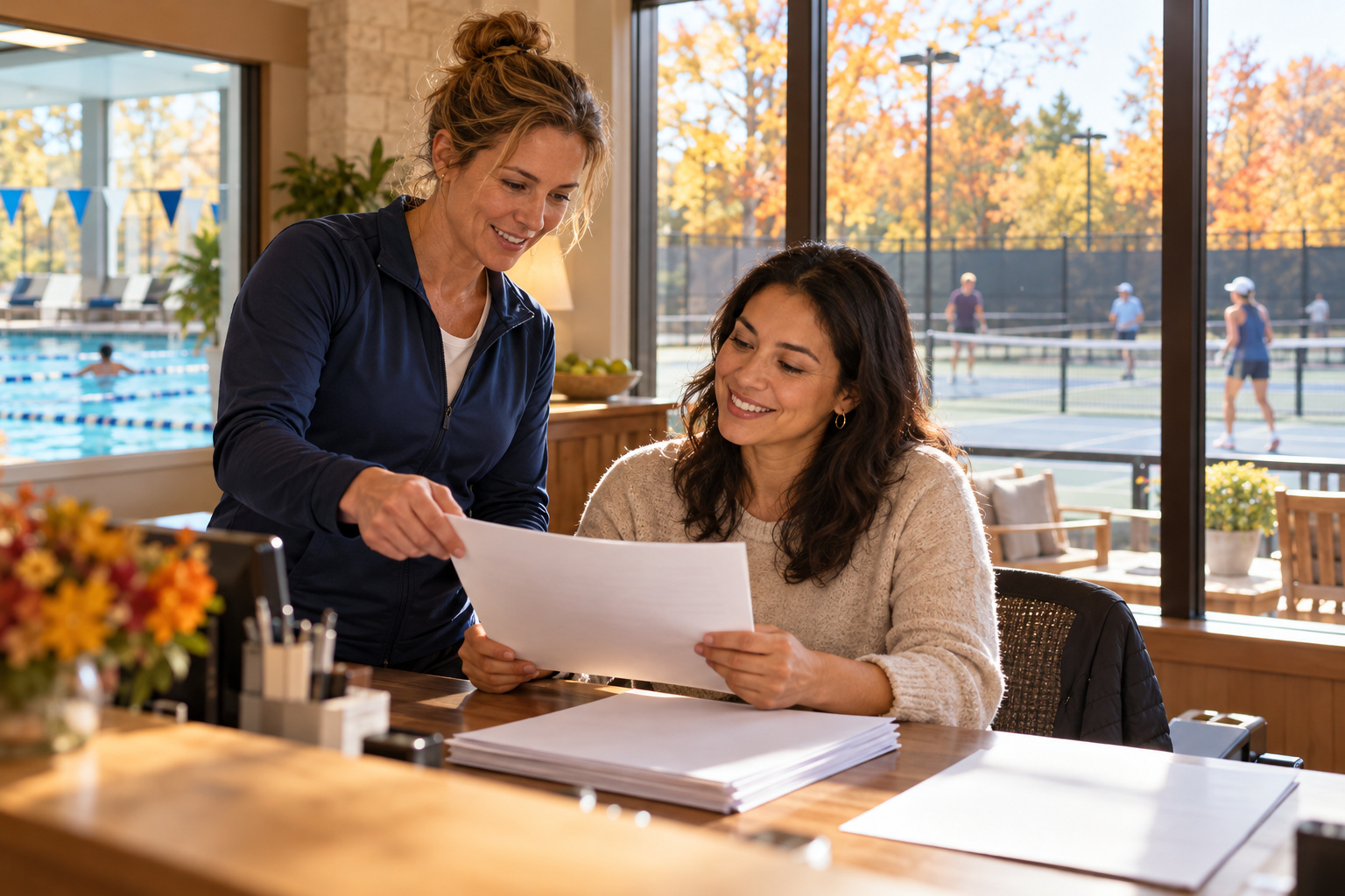 Swim and tennis club staff prepare a household renewal record beside the pool and courts.