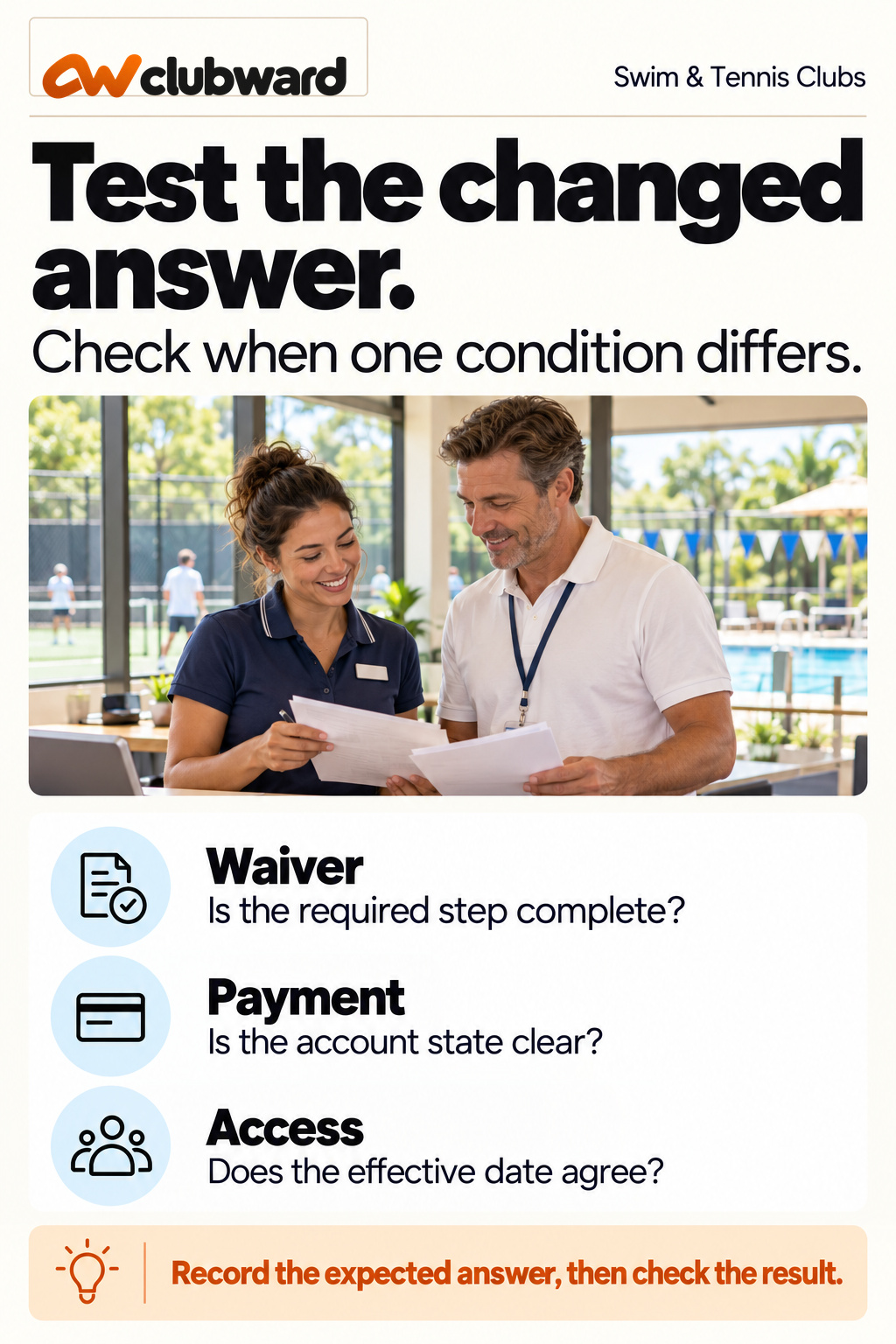 Change one condition and compare the expected answer with the result.