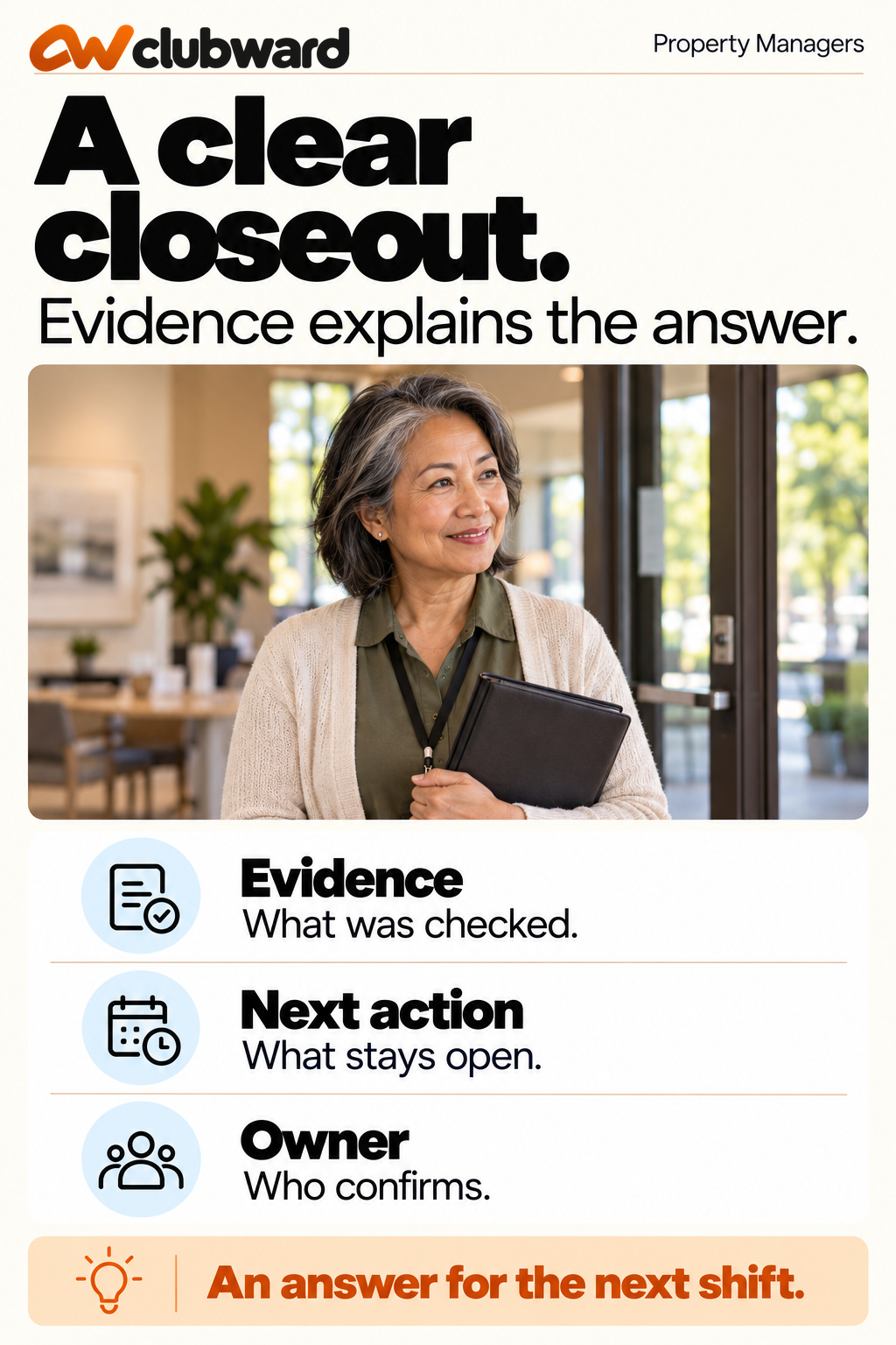 A maintenance closeout explanation records the evidence, next action and person responsible for confirmation.