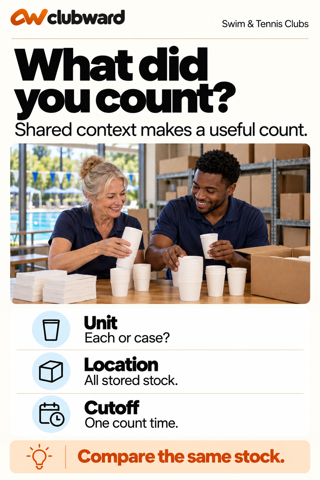 A useful snack bar stock count identifies its counting unit, storage locations and count cutoff.