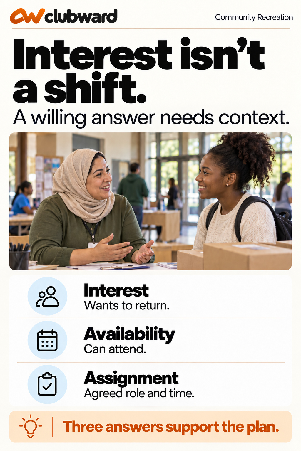 Interest in returning, available time and an agreed assignment answer different recreation staffing questions.