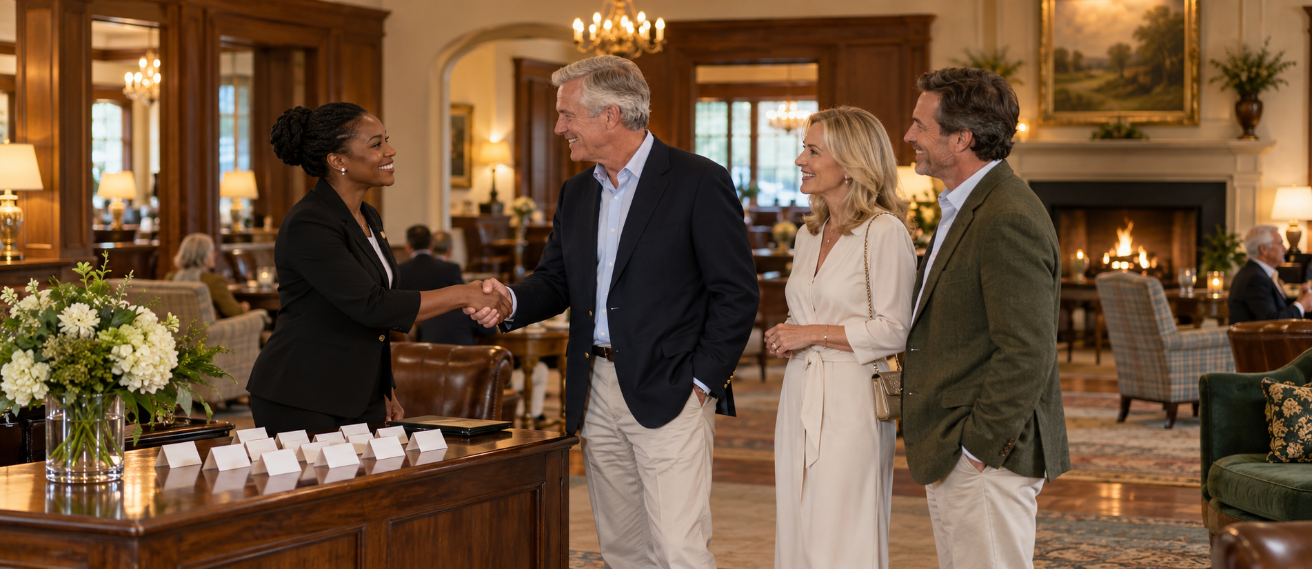A club coordinator welcomes a member and guests at a community event reception.