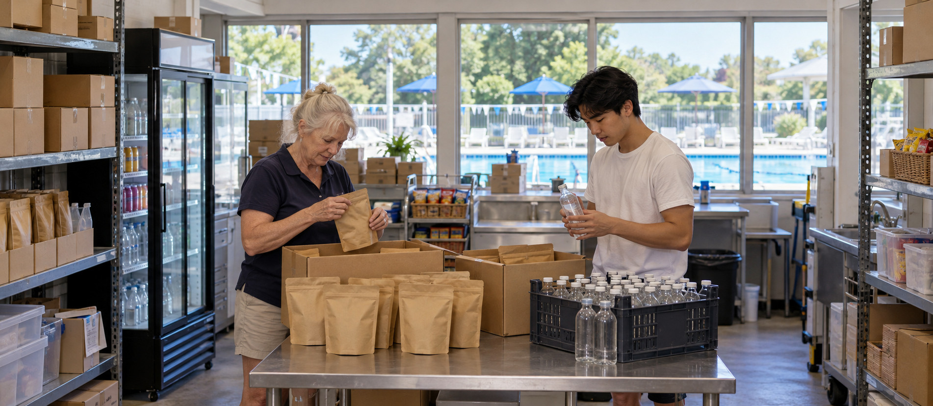 Two swim club staff members count supplies in a snack bar stockroom overlooking a pool.