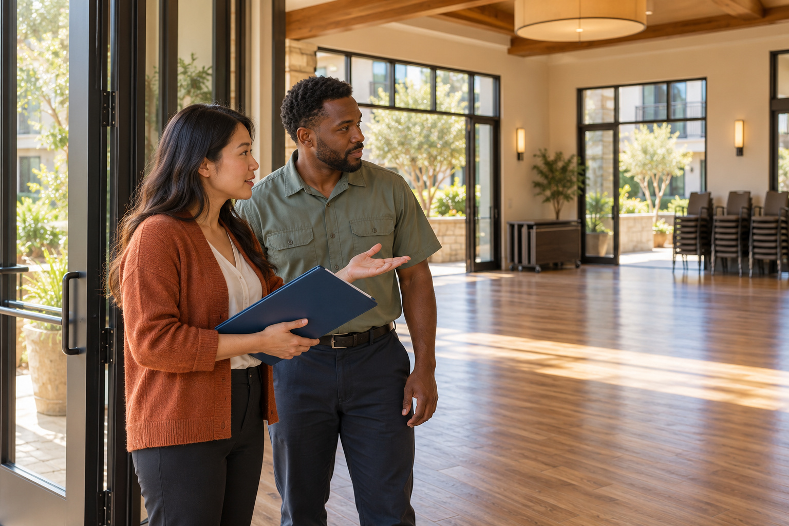 A property manager and service technician review an upcoming visit at a sunlit residential clubhouse.