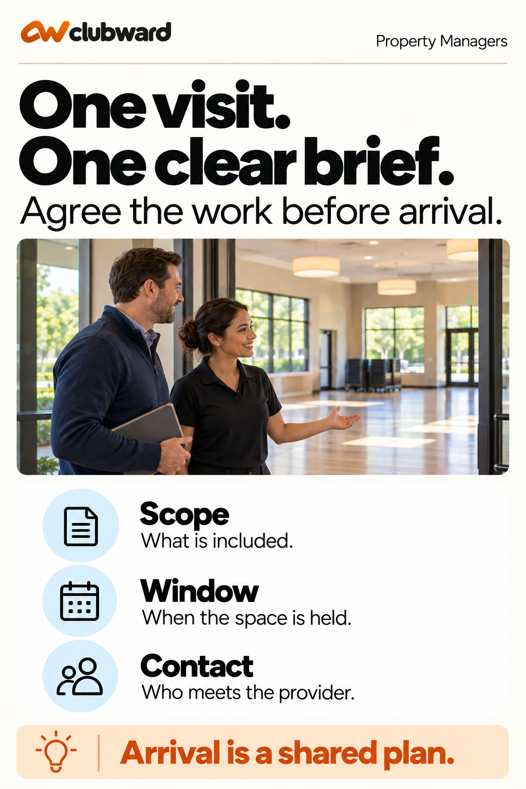 A service visit brief connects the agreed scope, held window and person meeting the provider.
