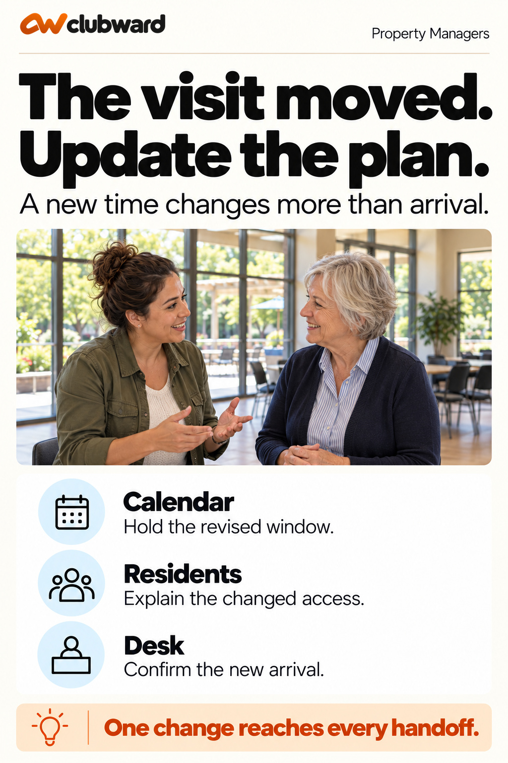 A changed visit time needs an updated calendar hold, resident explanation and front-desk arrival plan.