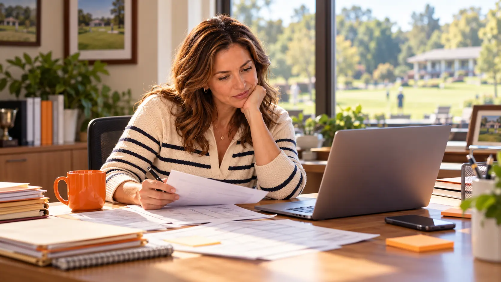 A club administrator reviews printed membership forms beside a laptop at her clubhouse desk.