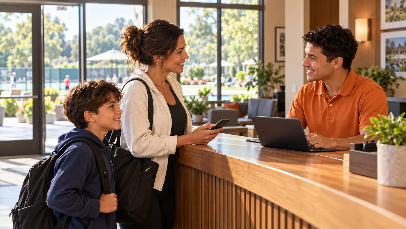 A clubhouse staff member welcomes a parent and child at a reception counter with a laptop.