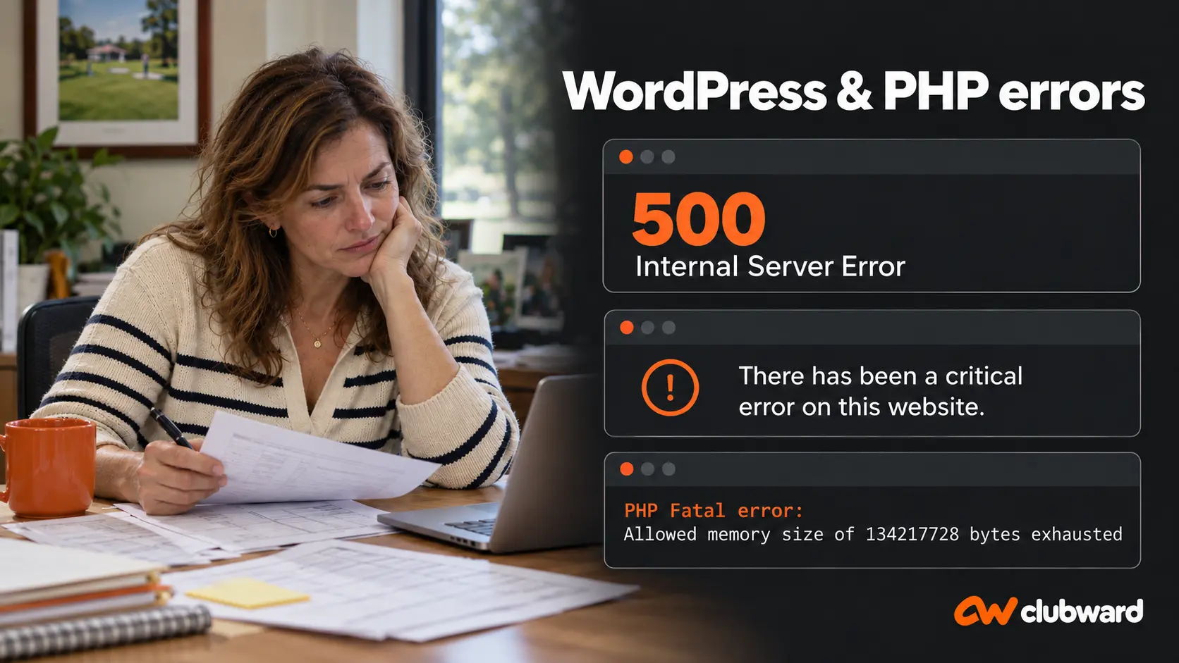 A club administrator beside examples of WordPress and PHP errors, including 500 Internal Server Error and an exhausted memory limit.
