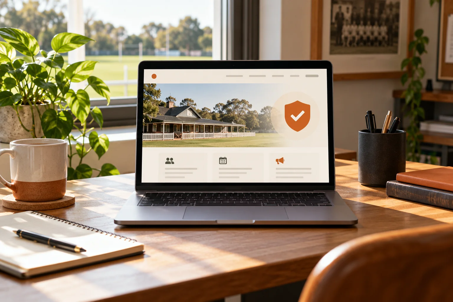 A laptop displaying a community website and an orange protection shield on a sunlit club office desk.