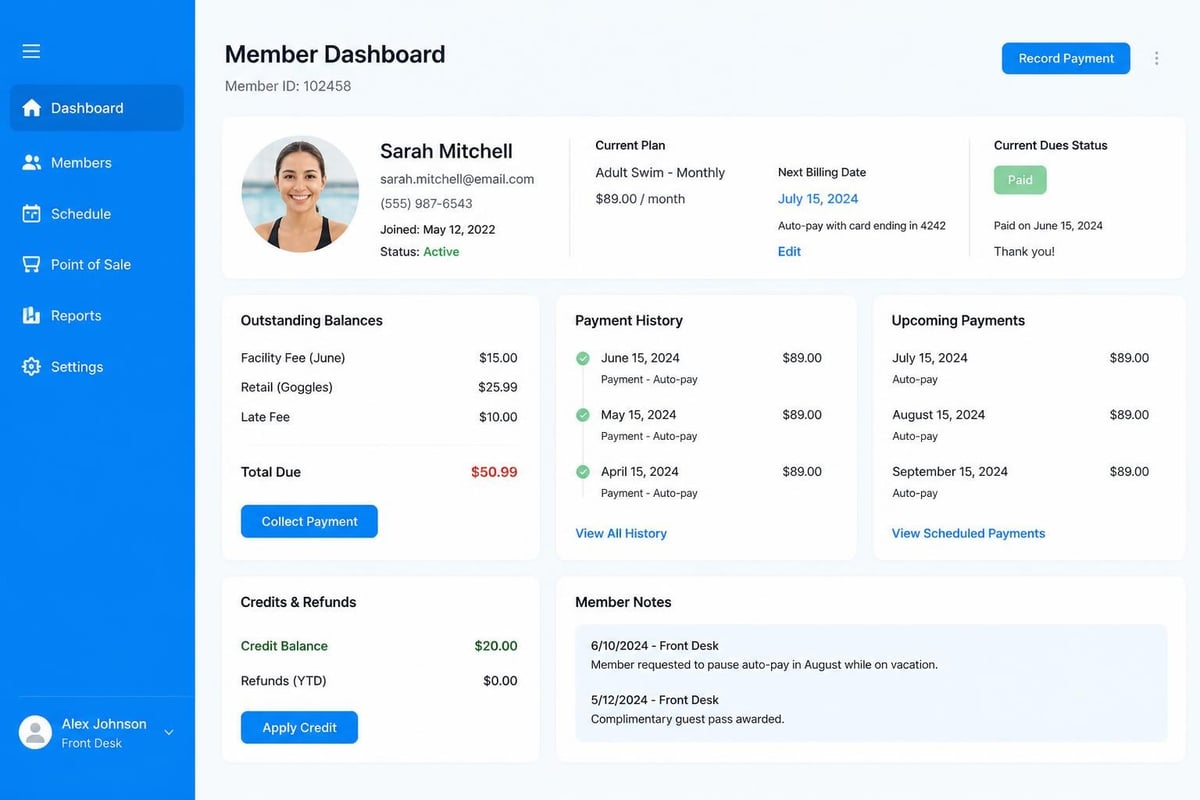 Complete member account view in swim POS